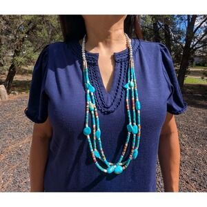 Vintage Navajo‎ Handmade Turquoise Necklace Silver Plated Beads